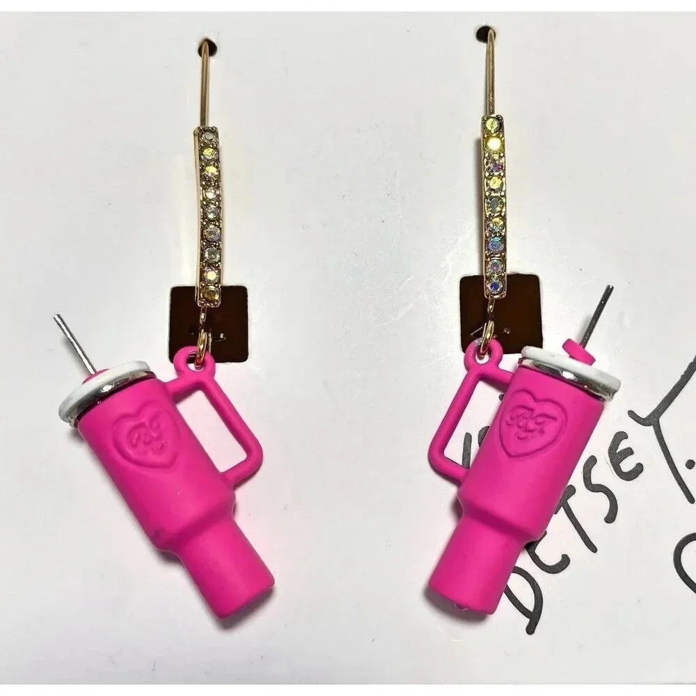Betsey Johnson Pink Stanley Cup Rhinestone Dangle Drop Earrings New In Gift Box